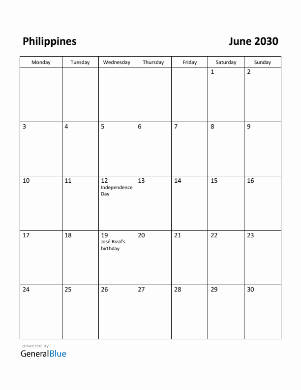 June 2030 Calendar with Philippines Holidays