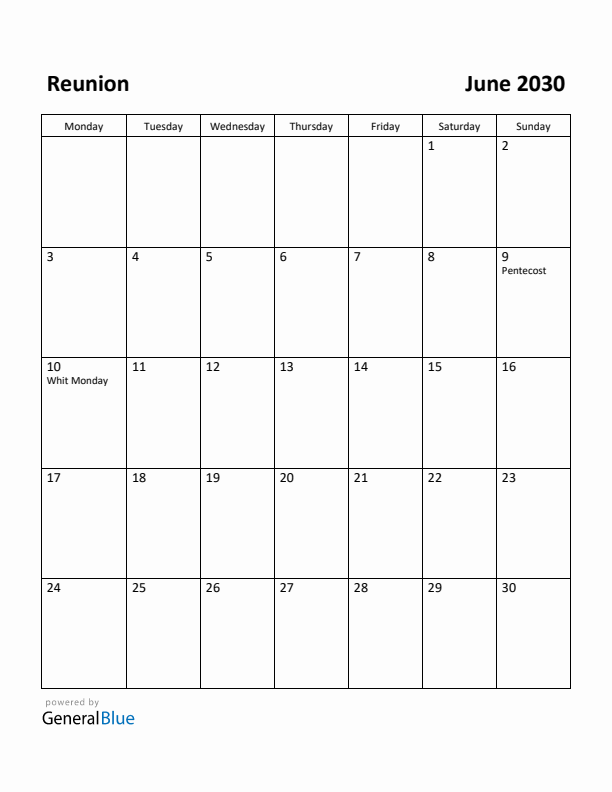 June 2030 Calendar with Reunion Holidays