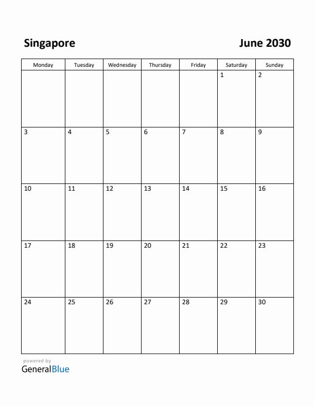 June 2030 Calendar with Singapore Holidays