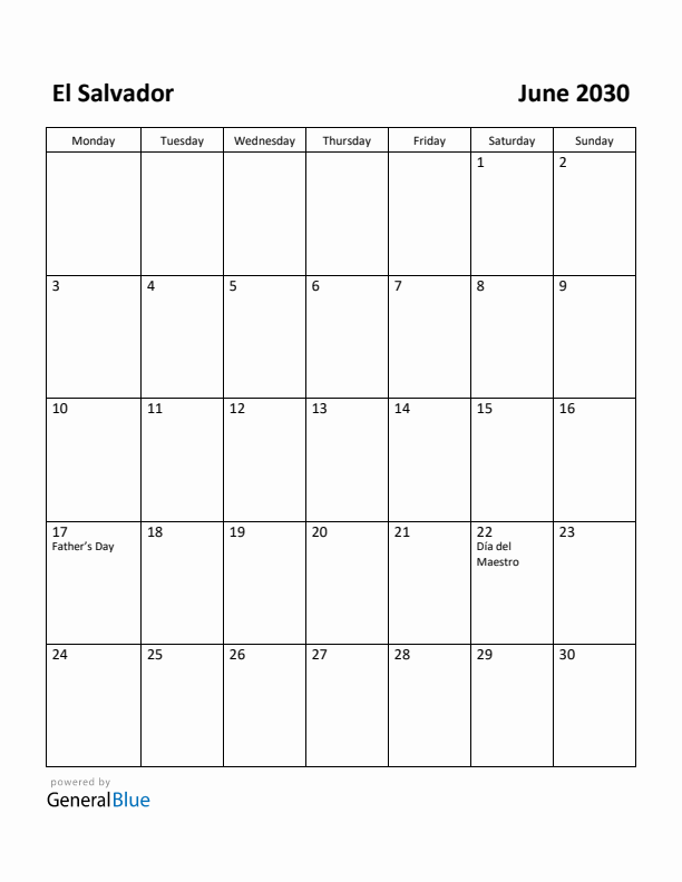 June 2030 Calendar with El Salvador Holidays