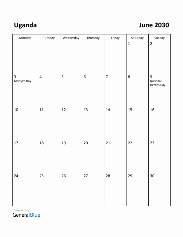 June 2030 Calendar with Uganda Holidays