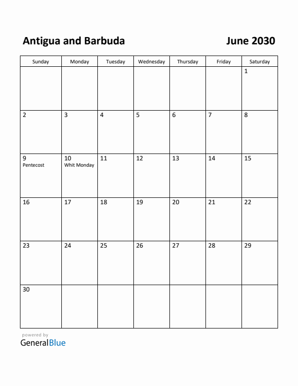 June 2030 Calendar with Antigua and Barbuda Holidays