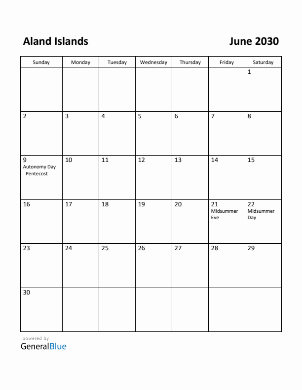 June 2030 Calendar with Aland Islands Holidays