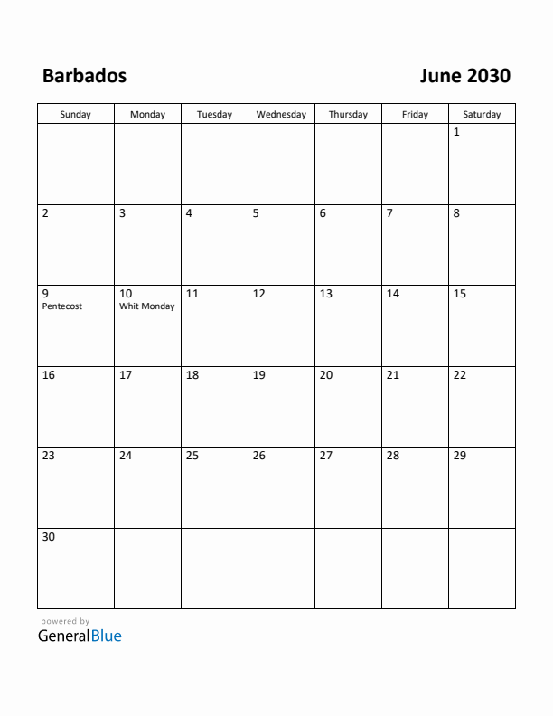 June 2030 Calendar with Barbados Holidays