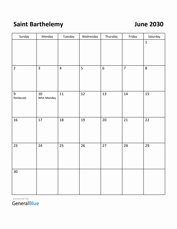 June 2030 Calendar with Saint Barthelemy Holidays