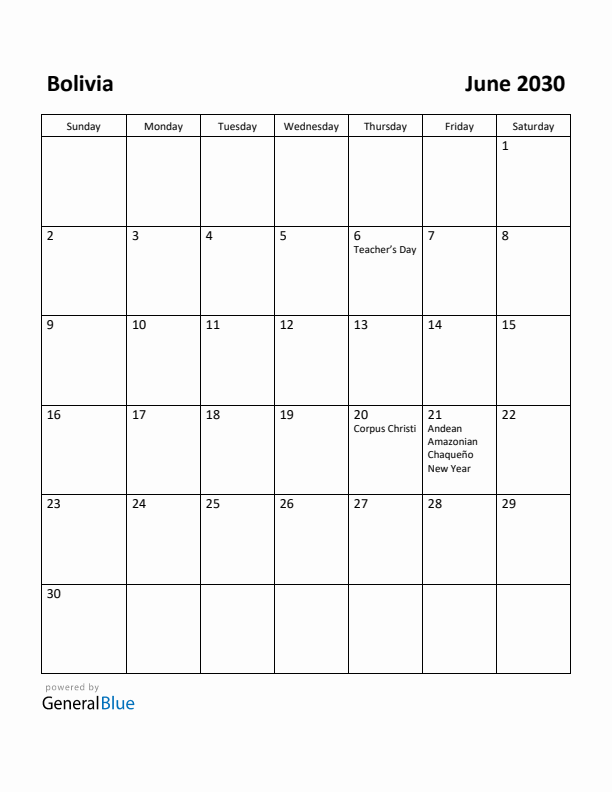 June 2030 Calendar with Bolivia Holidays