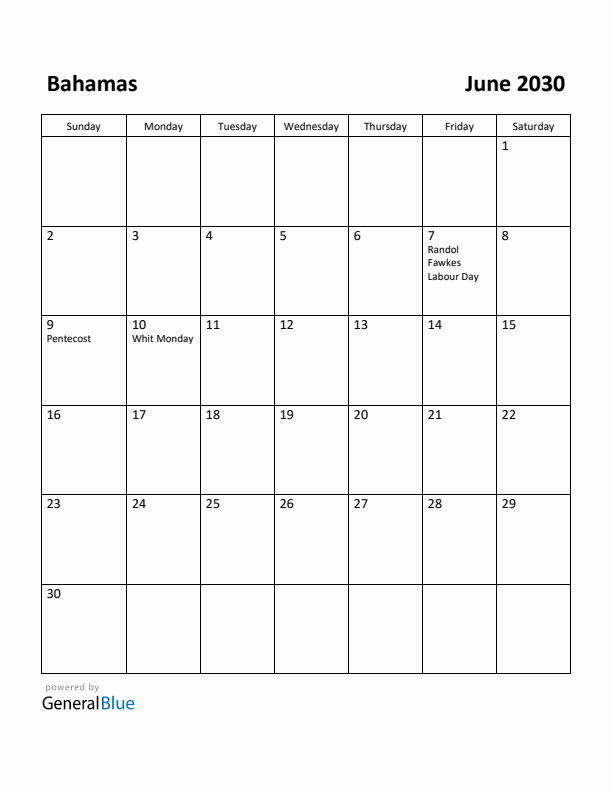 June 2030 Calendar with Bahamas Holidays