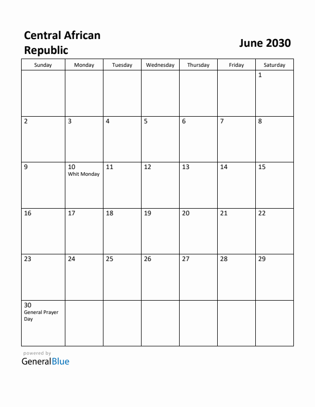 June 2030 Calendar with Central African Republic Holidays