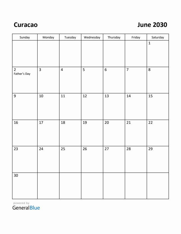 June 2030 Calendar with Curacao Holidays