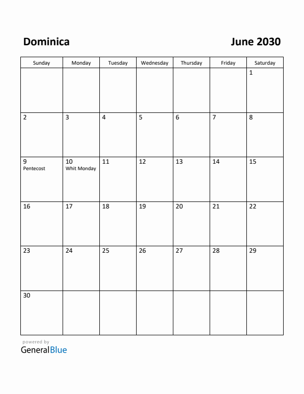 June 2030 Calendar with Dominica Holidays