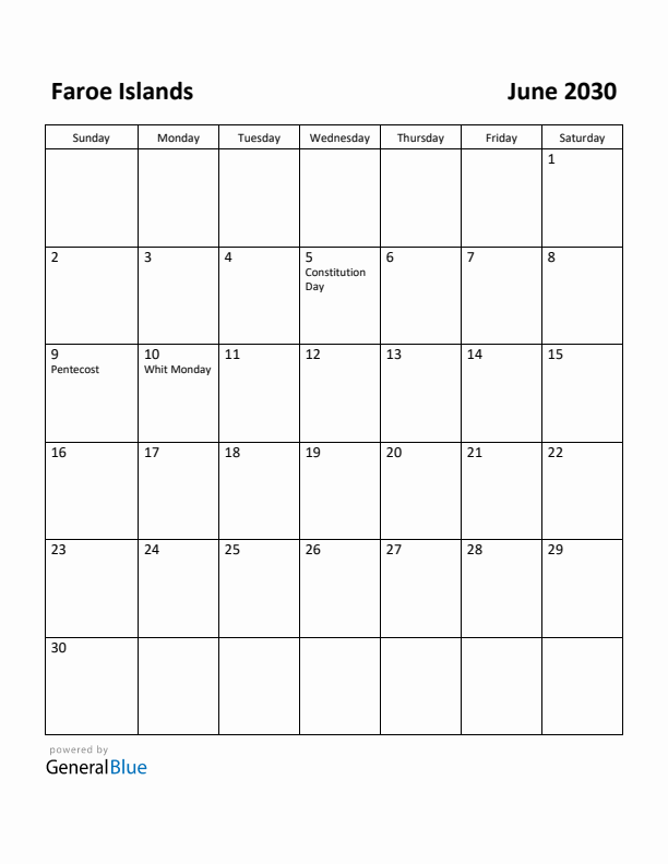 June 2030 Calendar with Faroe Islands Holidays