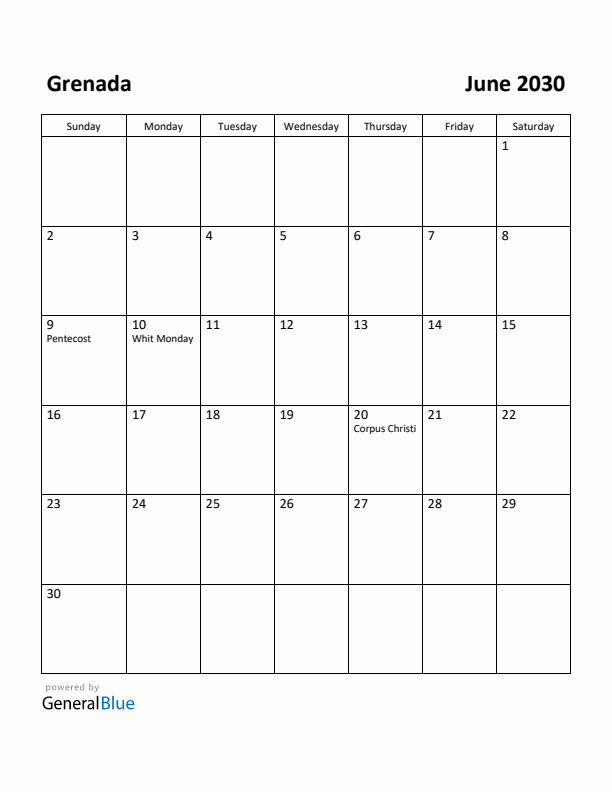 June 2030 Calendar with Grenada Holidays