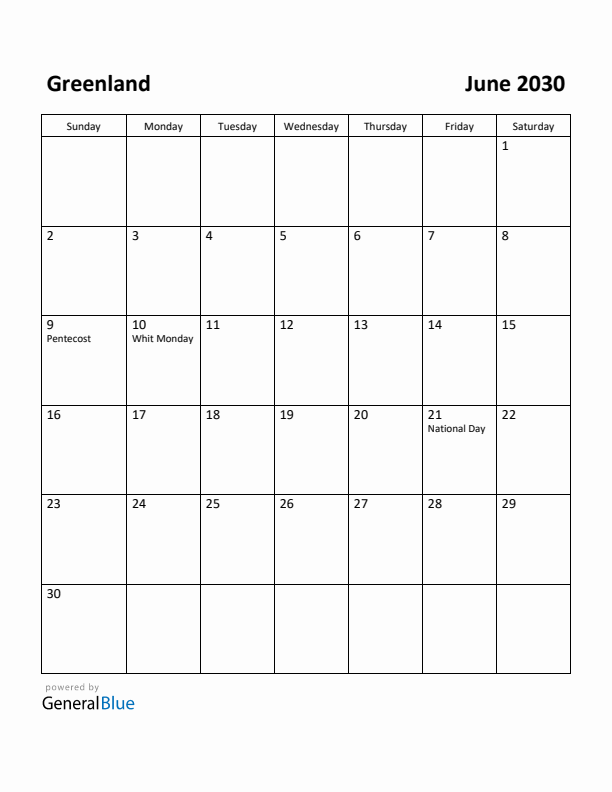 June 2030 Calendar with Greenland Holidays