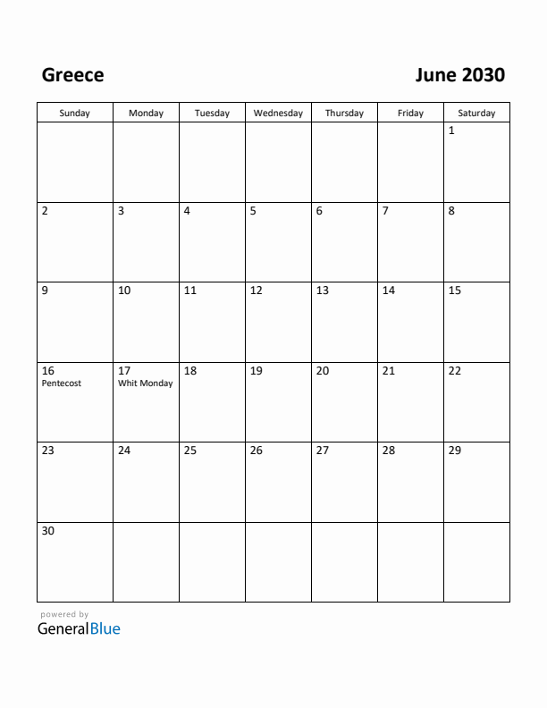 June 2030 Calendar with Greece Holidays