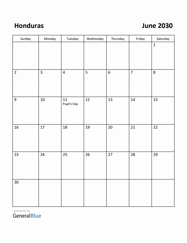 June 2030 Calendar with Honduras Holidays