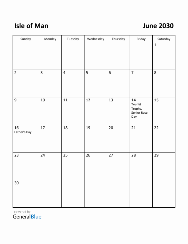 June 2030 Calendar with Isle of Man Holidays