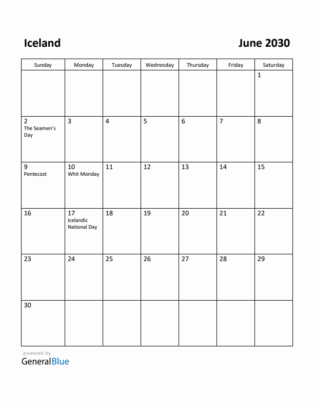 June 2030 Calendar with Iceland Holidays