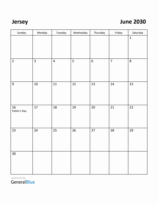 June 2030 Calendar with Jersey Holidays