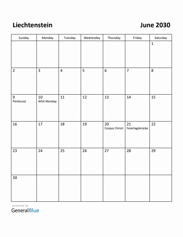 June 2030 Calendar with Liechtenstein Holidays