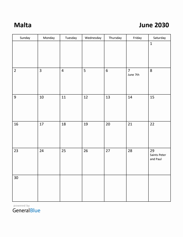 June 2030 Calendar with Malta Holidays