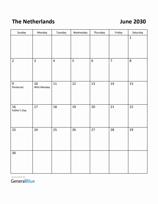 June 2030 Calendar with The Netherlands Holidays