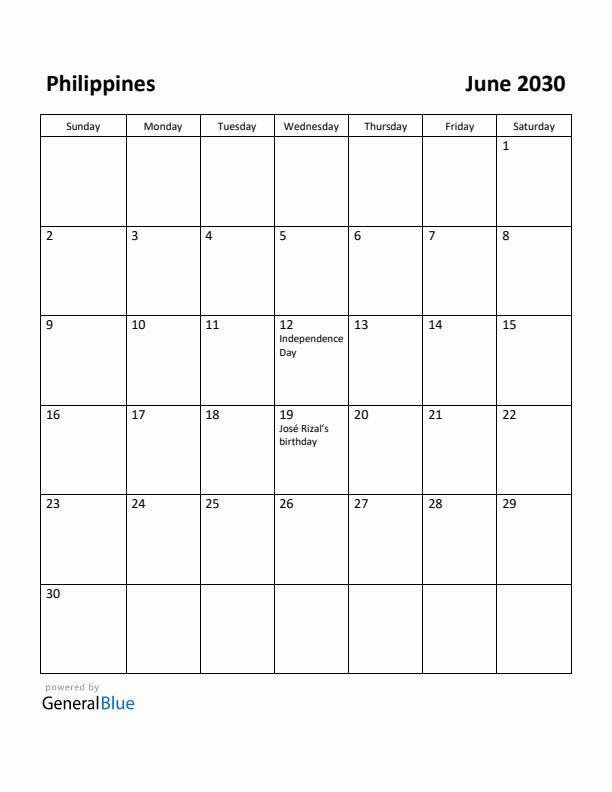 June 2030 Calendar with Philippines Holidays