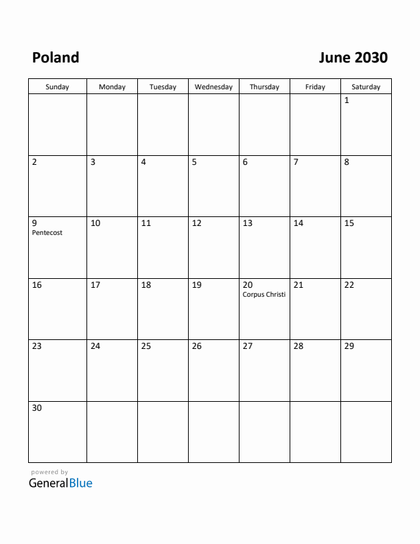 June 2030 Calendar with Poland Holidays