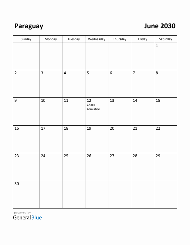 June 2030 Calendar with Paraguay Holidays