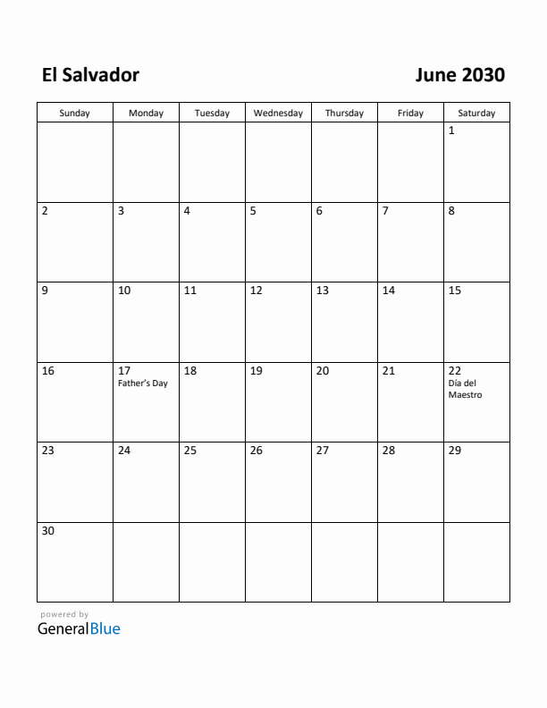 June 2030 Calendar with El Salvador Holidays