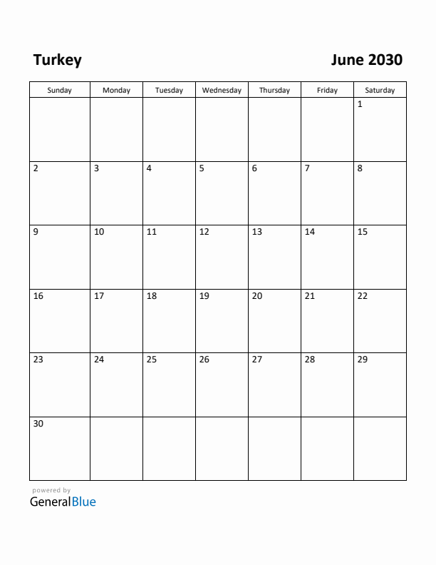 June 2030 Calendar with Turkey Holidays