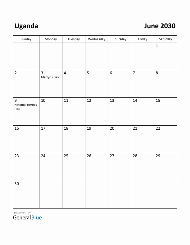 June 2030 Calendar with Uganda Holidays