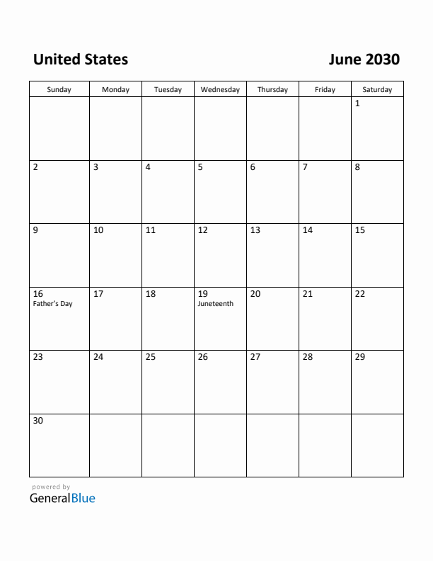 June 2030 Calendar with United States Holidays