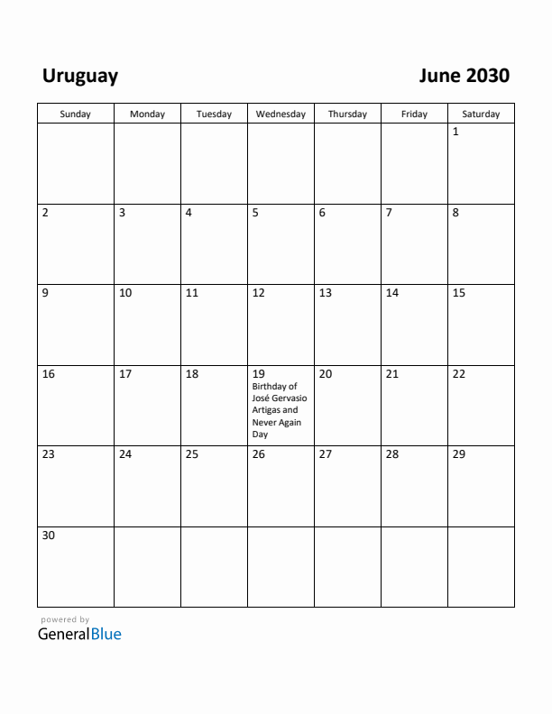 June 2030 Calendar with Uruguay Holidays