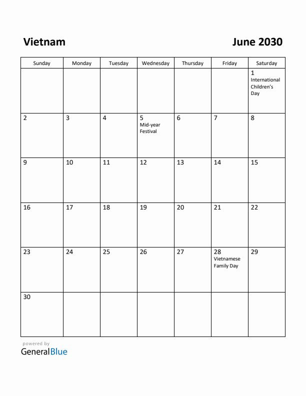 June 2030 Calendar with Vietnam Holidays