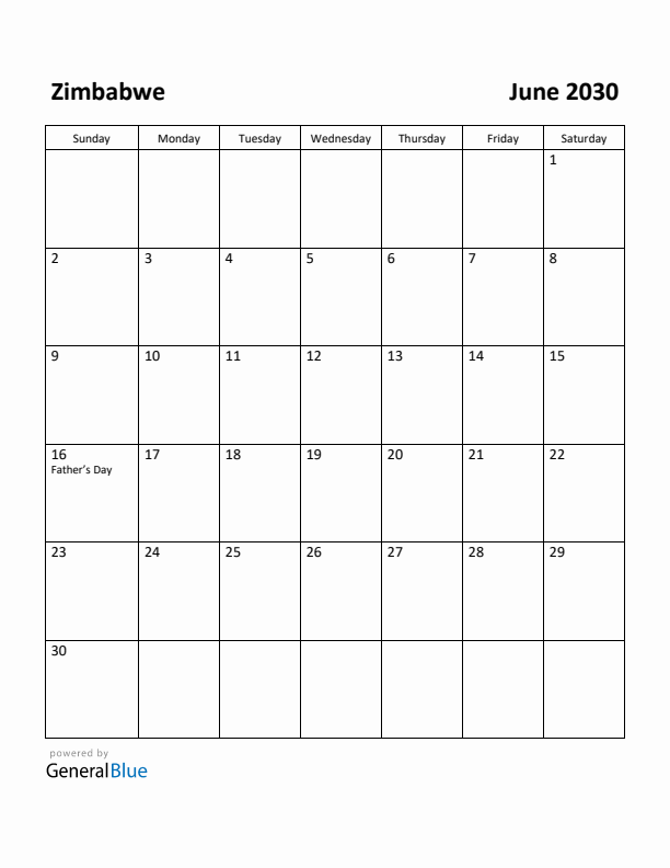 June 2030 Calendar with Zimbabwe Holidays