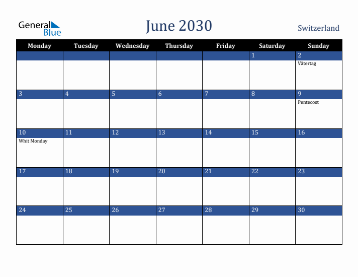 June 2030 Switzerland Calendar (Monday Start)