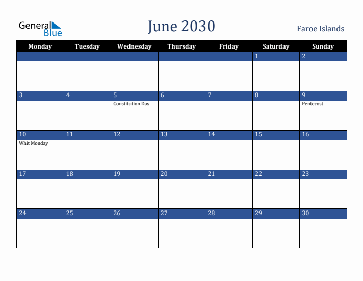 June 2030 Faroe Islands Calendar (Monday Start)