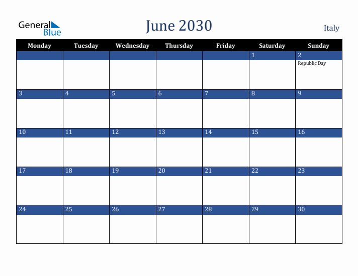 June 2030 Italy Calendar (Monday Start)