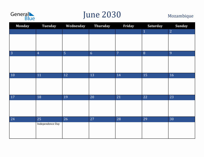 June 2030 Mozambique Calendar (Monday Start)