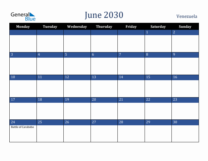 June 2030 Venezuela Calendar (Monday Start)