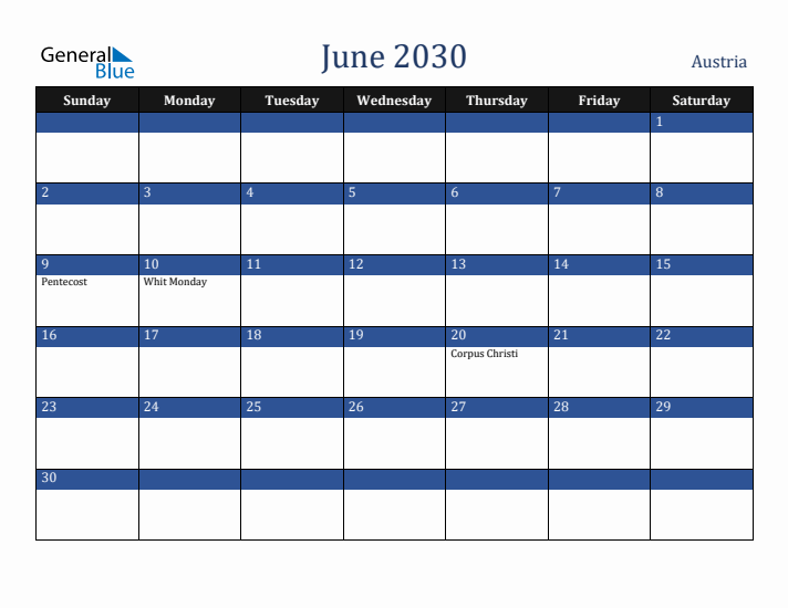 June 2030 Austria Calendar (Sunday Start)