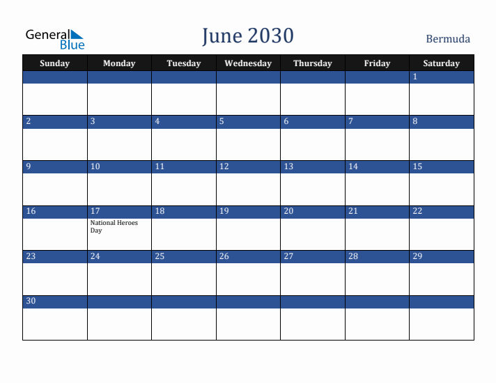 June 2030 Bermuda Calendar (Sunday Start)