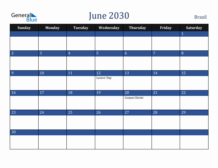 June 2030 Brazil Calendar (Sunday Start)