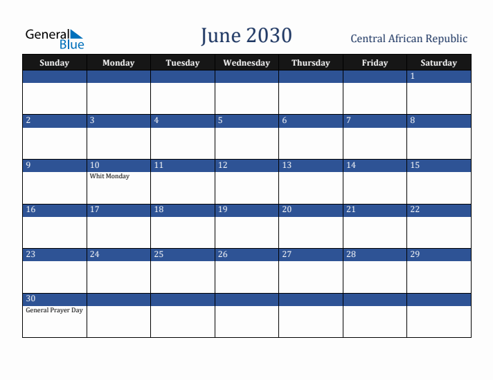 June 2030 Central African Republic Calendar (Sunday Start)