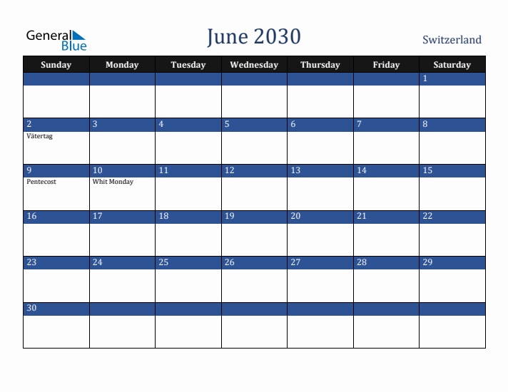 June 2030 Switzerland Calendar (Sunday Start)