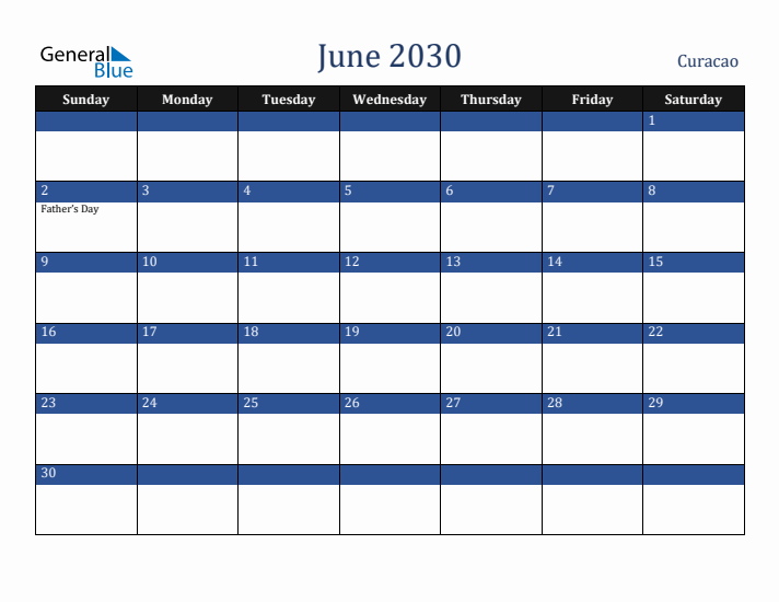 June 2030 Curacao Calendar (Sunday Start)