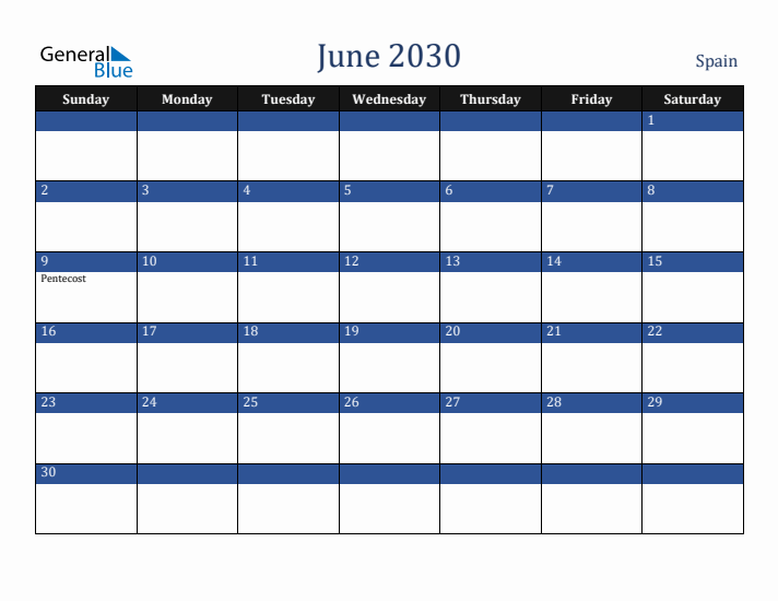 June 2030 Spain Calendar (Sunday Start)