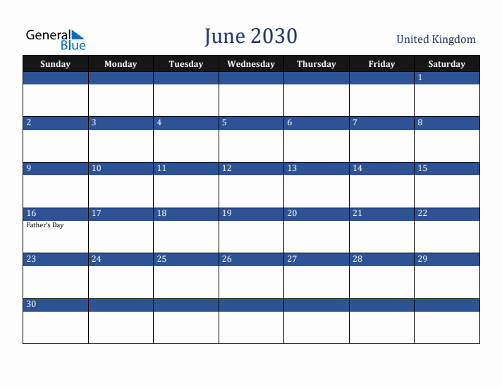 June 2030 United Kingdom Calendar (Sunday Start)