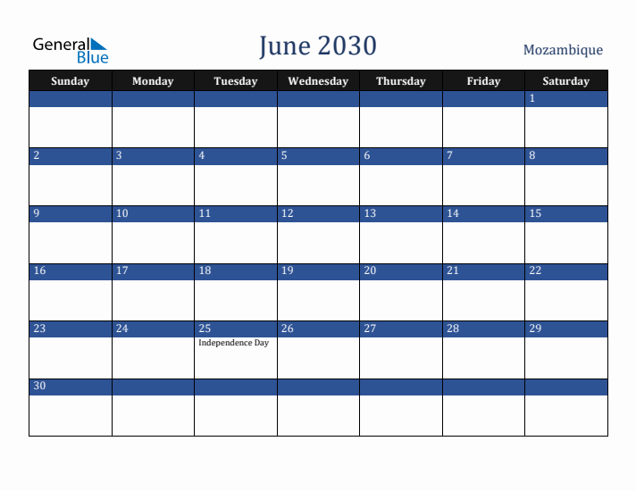 June 2030 Mozambique Calendar (Sunday Start)