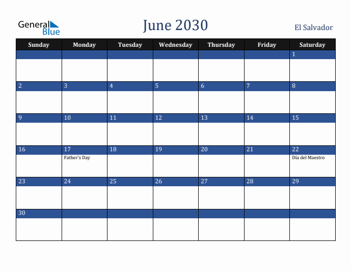 June 2030 El Salvador Calendar (Sunday Start)